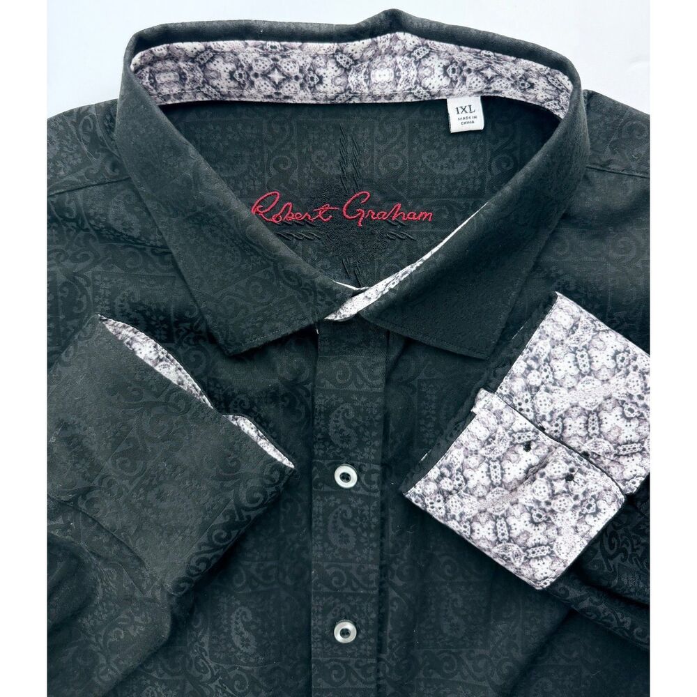 Robert Graham Black Paisley Flip Cuff Shirt Mens 1XL Skull Detail